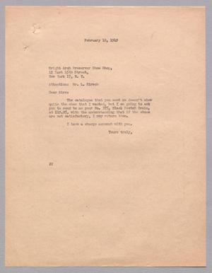 Primary view of object titled '[Letter from Daniel W. Kempner to Wright Arch Preserver Men's Shoe Shop, February 19, 1949]'.