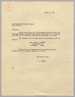 Primary view of object titled '[Letter from Daniel W. Kempner to The American Stationery Company, April 11, 1950]'.