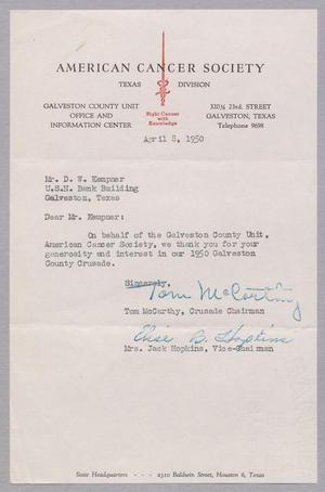 [Letter from Daniel W. Kempner to American Cancer Society, April 8, 1950]