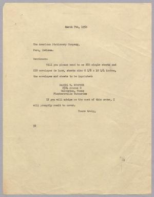 [Letter from Daniel W. Kempner to the American Stationery Company, March 7, 1950]