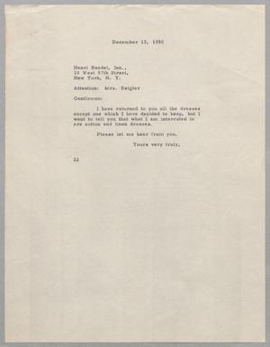 [Letter from Daniel W. Kempner to Henri Bendel Incorporated, December 13, 1950]