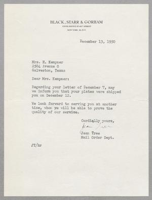 [Letter from Black, Starr & Gorham, Incorporated to Mrs. H. Kempner, December 13, 1950]