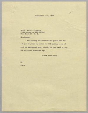 [Letter from Daniel W. Kempner to Black Starr & Gorham, November 22, 1950]