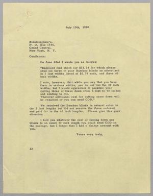 [Letter from D. W. Kempner to Bloomingdale's, July 13, 1950]