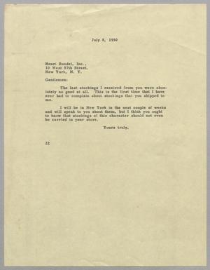 [Letter from Daniel W. Kempner to Henri Bendel, July 8, 1950]
