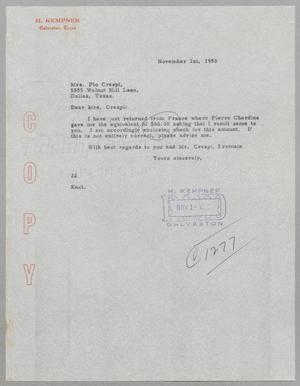 [Letter from Daniel Webster Kempner to Mrs. Pio Crespi, November 1, 1950]