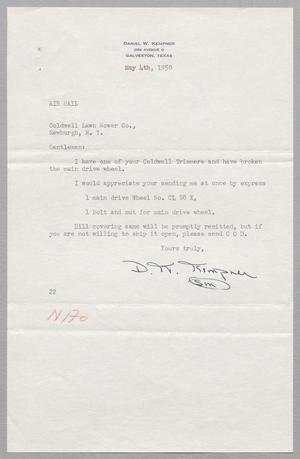 Primary view of object titled '[Letter from Coldwell Lawn Mower Company to Daniel W. Kempner, May 4, 1950]'.