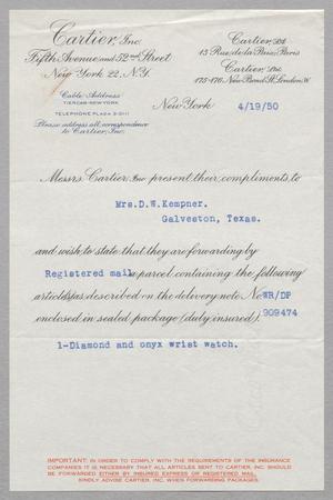 [Letter from Cartier, Incorporated to Jeane Bertig Kempner, April 19, 1950]