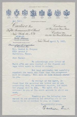 [Letter from Cartier, Incorporated to Jeanne Bertig Kempner, April 7, 1950]