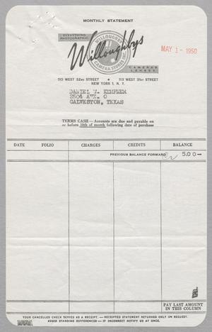 [Monthly Statement from Willoughbys, May 1, 1950]