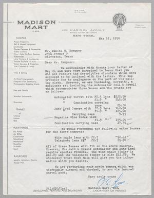 [Letter from Madison Mart, Inc. to D. W. Kempner, May 31, 1950]