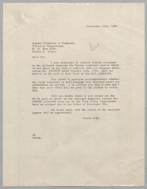 [Letter from Daniel W. Kempner to Deputy Collector of Customs, December 19, 1950]