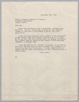 [Letter from Daniel W. Kempner to Office of Deputy Collector of Customs, December 9, 1950]