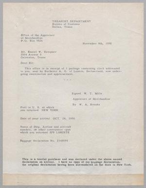 [Letter from W. T. Mills to Daniel W. Kempner, November 8th, 1950]