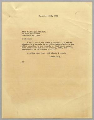 [Letter from Daniel W. Kempner to The Farm Quarterly, November 28, 1950]