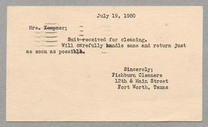 Primary view of object titled '[Letter from Fishburn Cleaners to Jeane Kempner, July 19, 1950]'.
