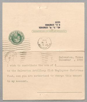 [Card from the Galveston Artillery Club to Daniel W. Kempner, December 9, 1950]