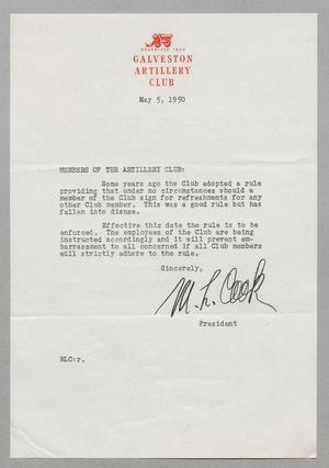 [Letter from Galveston Artillery Club, May 5, 1950]