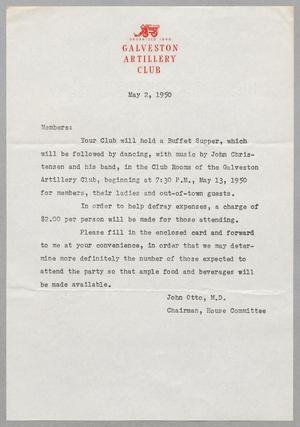 [Letter from Galveston Artillery Club, May 2, 1950]