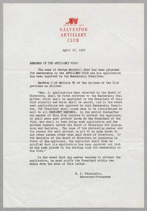 [Letter from Galveston Artillery Club, April 17, 1950]