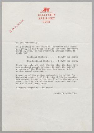 [Letter from the Galveston Artillery Club to Daniel W. Kempner, March 1950]