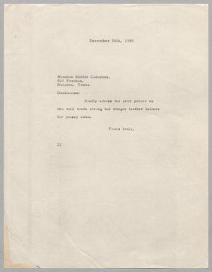 Primary view of object titled '[Letter from Daniel W. Kempner to Houston Saddle Company, December 26, 1950]'.