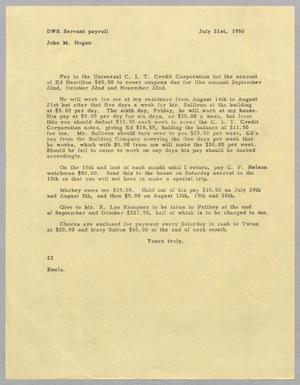 [Letter from Letter from D. W. Kempner to John M. Hogan, July 21, 1950]