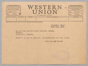 [Telegram from Jeane and D. W. Kempner to Mr. and Mrs. Wolcott Julius Humphrey Jr., June 16, 1950]