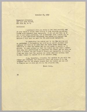 [Letter from D. W. Kempner to Hammacher Schlemmer, November 21, 1949]
