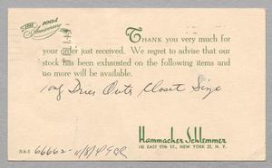 [Postcard from Hammacher Schlemmer to D. W. Kempner, November 9, 1949]