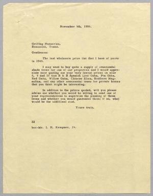 [Letter from D. W. Kempner to Griffing Nurseries, November 9, 1950]