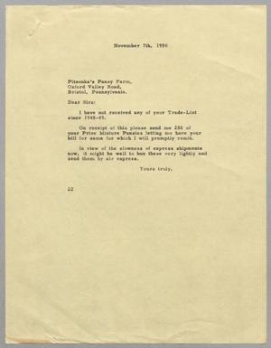 Primary view of object titled '[Letter from Daniel W. Kempner to Pitzonka's Pansy Farm, November 7, 1950]'.