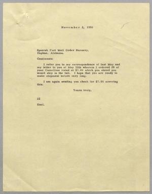 Primary view of object titled '[Letter from D. W. Kempner to Spanish Fort Mail Order Nursery, November 2, 1950]'.