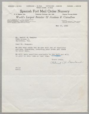 Primary view of object titled '[Letter from Patrick R. Moreland from Spanish Fort Mail Order Nursery to D. W. Kempner, May 13, 1950]'.