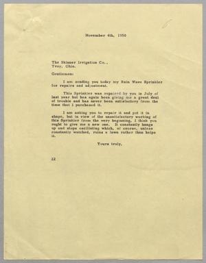 Primary view of object titled '[Letter from D. W. Kempner to The Skinner Irrigation Company, November 4, 1950]'.