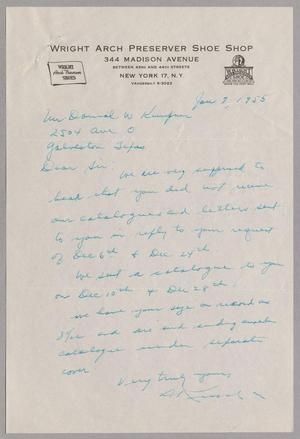 Primary view of object titled '[Handwritten Letter from the Wright Arch Preserver Shoe Shop to Daniel W. Kempner, January 7, 1955]'.