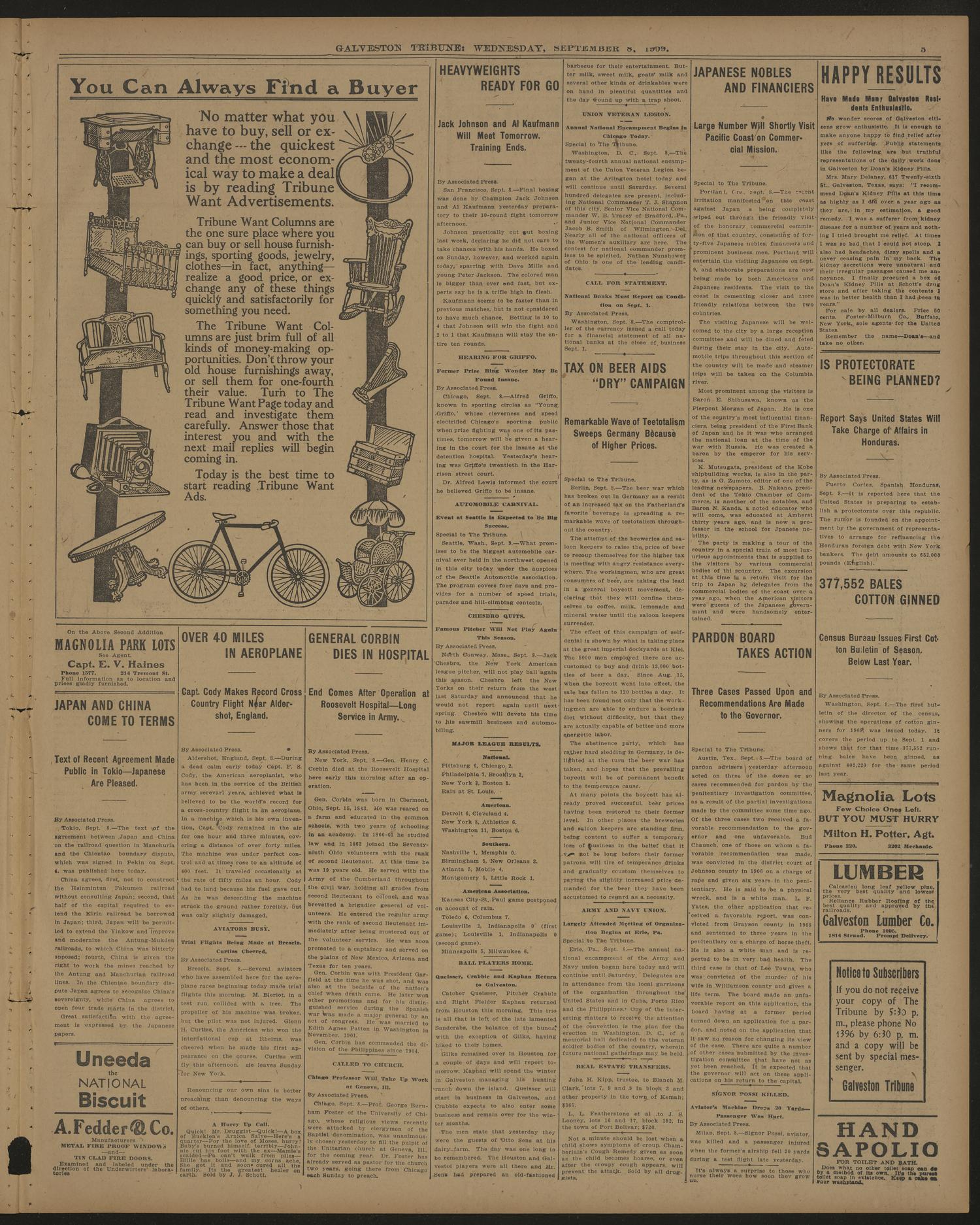 Galveston Tribune. (Galveston, Tex.), Vol. 29, No. 245, Ed. 1 Wednesday, September 8, 1909
                                                
                                                    [Sequence #]: 5 of 8
                                                