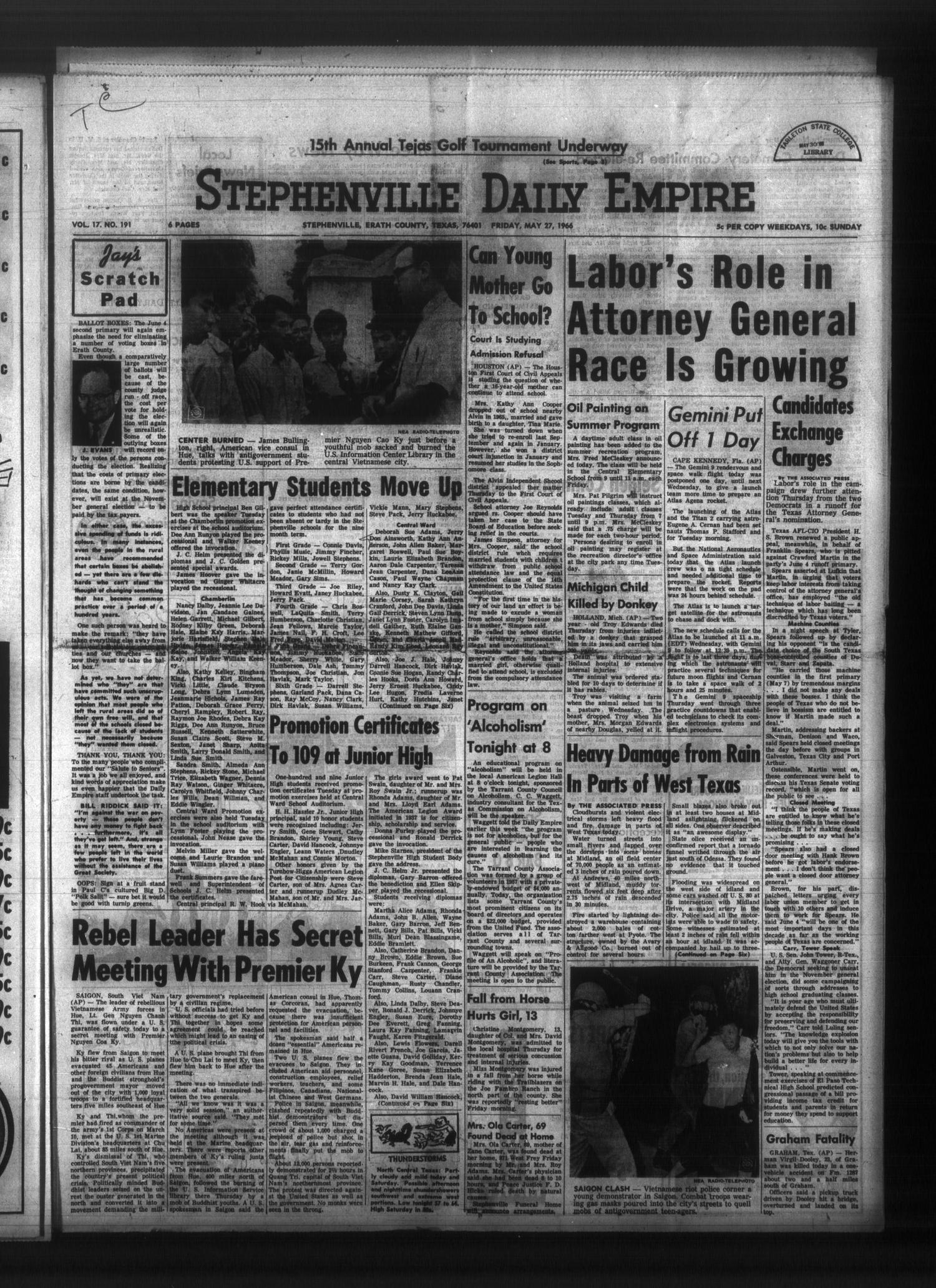 Stephenville Daily Empire (Stephenville, Tex.), Vol. 17, No. 191, Ed. 1 Friday, May 27, 1966
                                                
                                                    [Sequence #]: 1 of 6
                                                