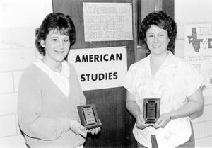 Primary view of object titled 'Elizabeth Britt, left, and Jeanie Carmody were top winners in the state historical essay and research contest.'.
