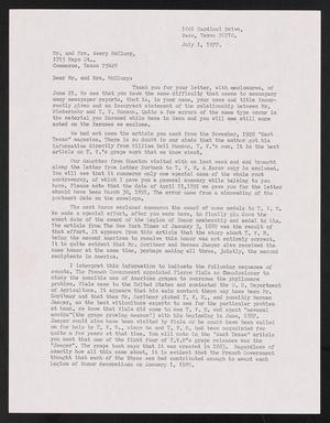 Primary view of object titled '[Letter from Volney A. Acheson to Mr. and Mrs. Avery McClurg, July 1, 1977]'.
