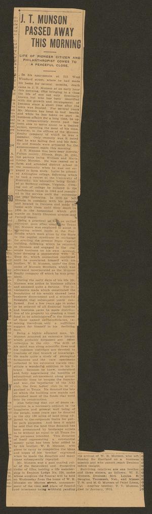 Primary view of object titled '[Clipping: J. T. Munson Passed Away This Morning]'.