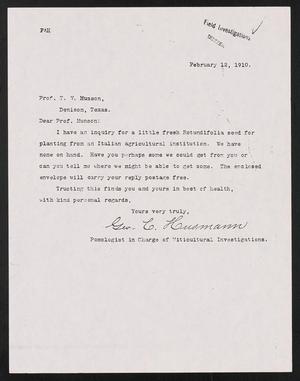 Primary view of object titled '[Letter from George C. Husmans to T. V. Munson, February 12, 1910]'.