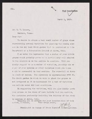 Primary view of object titled '[Letter to T. V. Munson, March 1, 1910]'.