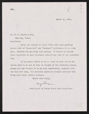 [Letter from William A. Taylor to T. V. Munson, March 14, 1910]