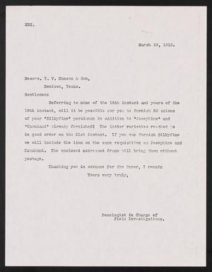 Primary view of object titled '[Letter T. V. Munson & Son, March 29, 1910]'.