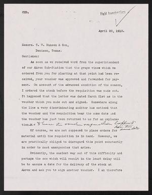 [Letter from H. P. S. to T. V. Munson & Son, April 20, 1910]