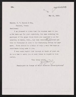 [Letter from H. P. G. to T. V. Munson & Son, May 31, 1910]