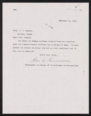 Primary view of object titled '[Letter from George C. Husmann to T. V. Munson, February 13, 1911]'.