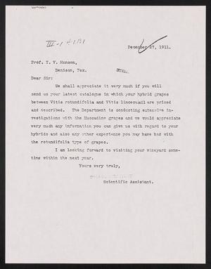 [Letter to T. V. Munson, December 27, 1911]