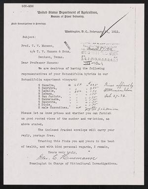 Primary view of object titled '[Letter from George C. Husmann to T. V. Munson, February 24, 1912]'.